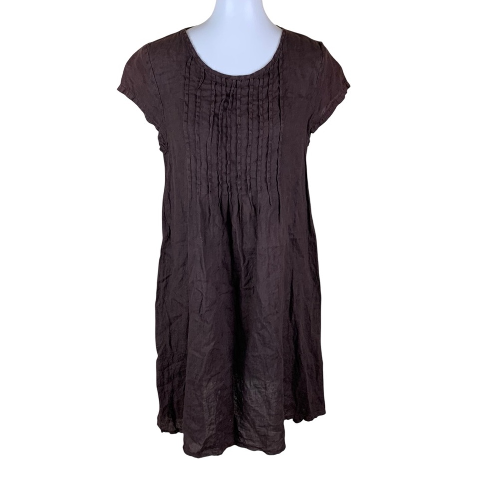 Match‎ Point Brown Linen Pleated Front Shift Dress Boho Made In UȘĂ Small